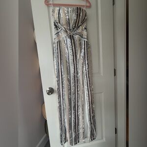 Lulu's Strapless Sequin Column Gown in Silver and Champagne